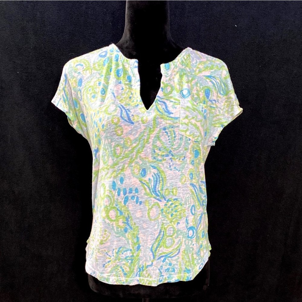 Lilly Pulitzer Top XXS Tee Shirt 100% Linen Blue Green White Watercolor U Hem